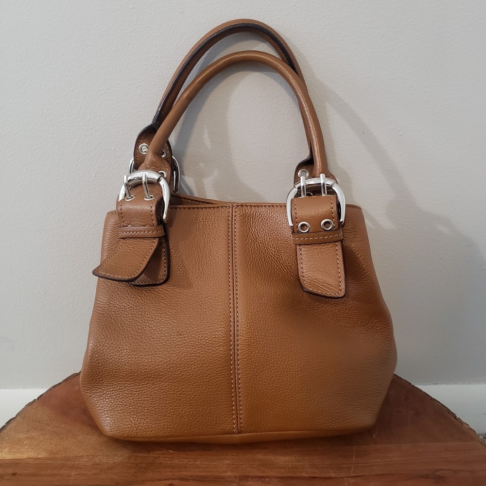 Tignanello Satchel Top Handle Pebbled Leather Handbag Purse Buckles Camel Tan